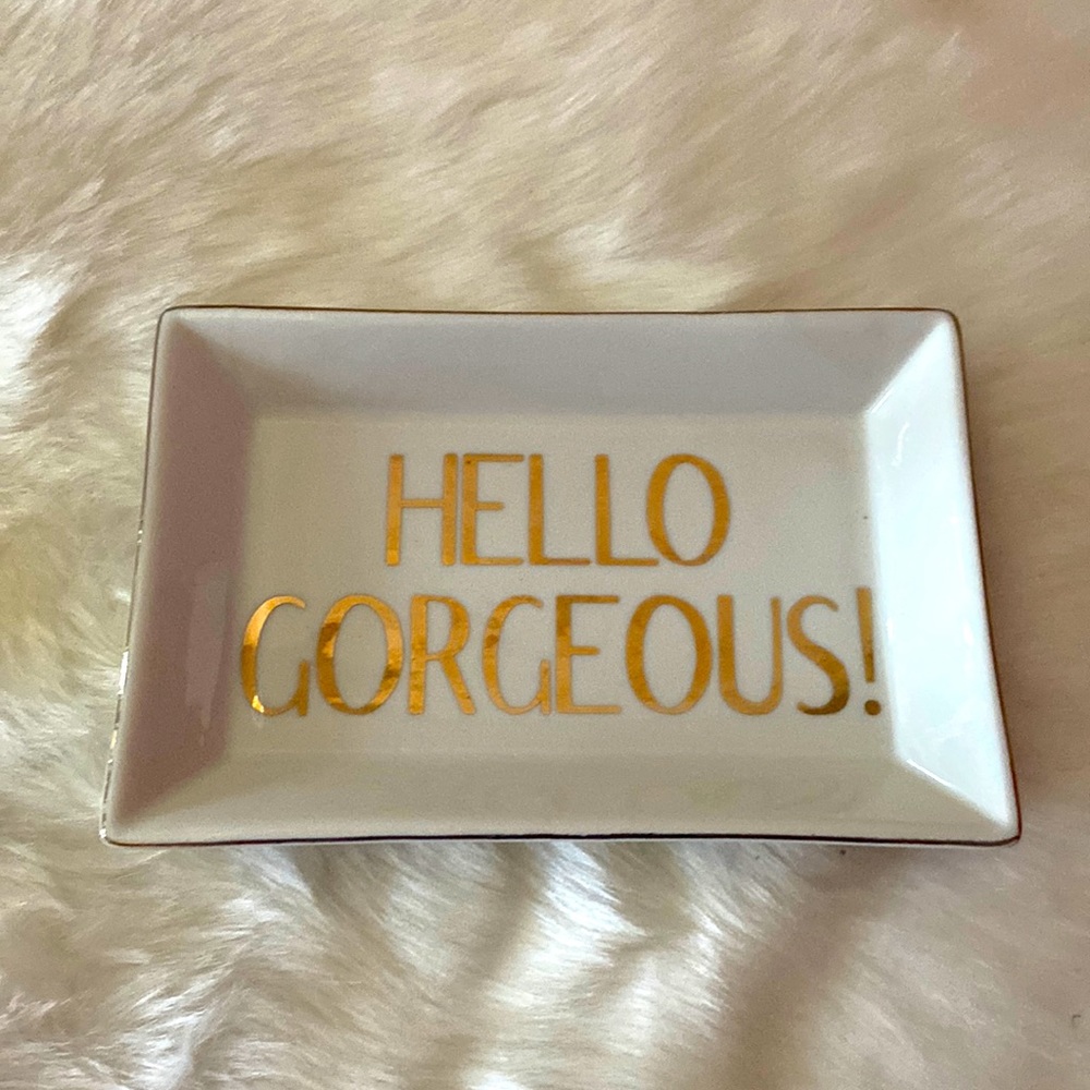 Gorgeous vanity tray with rose gold plated trim and wording.